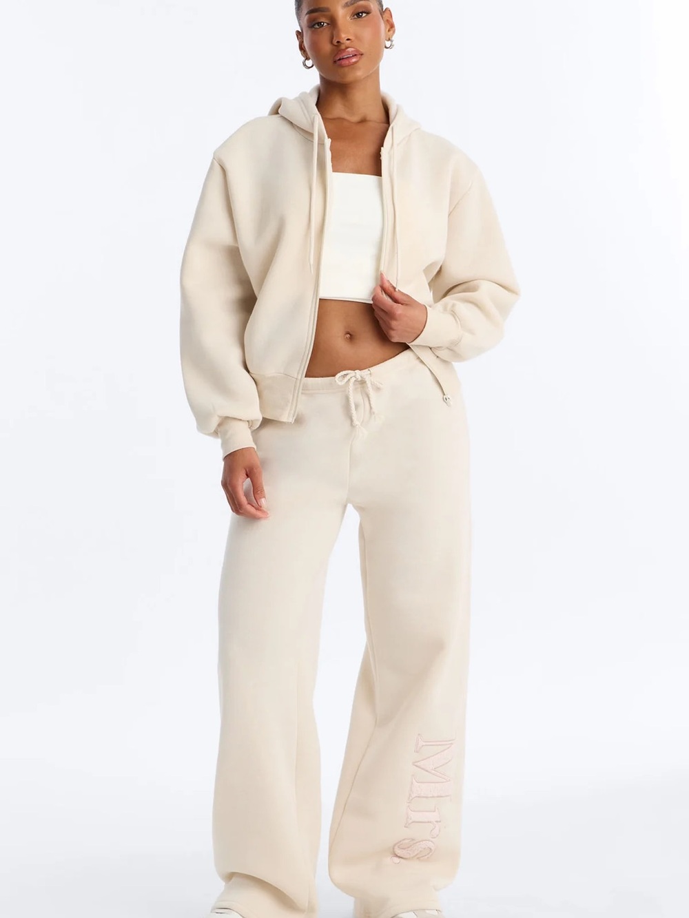 Cream Wide-Leg Sweatpants and zip up set.